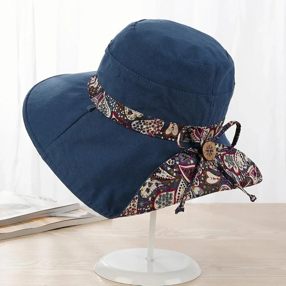 Women Bohemian Reversible Sun Hat Wide Brim UV Protection Cotton Polyester - Picture 7 of 8